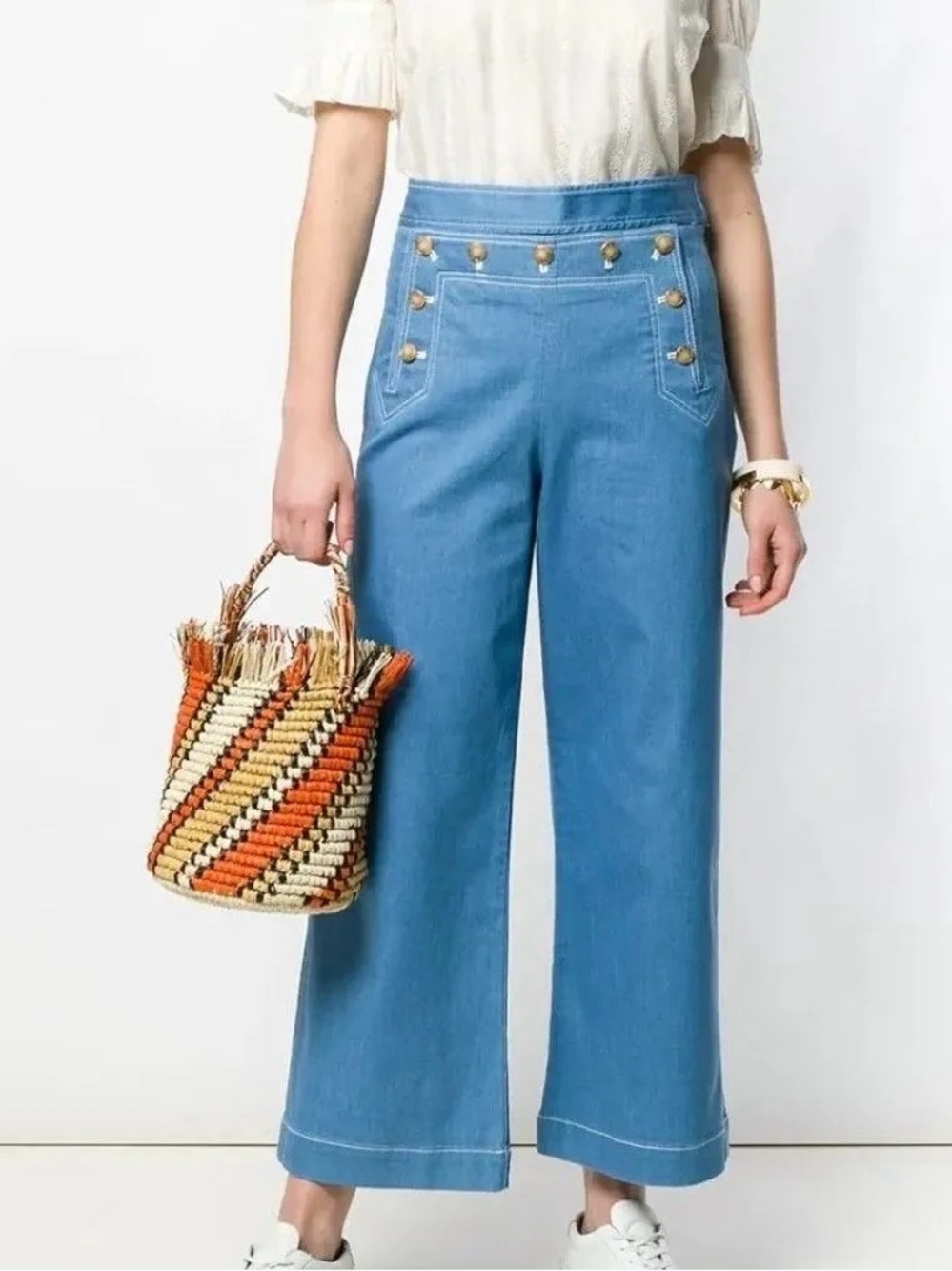 TORY BURCH Button Front Wide Leg Sailor Pants Cropped Jeans Women’s Size 30 NWOT